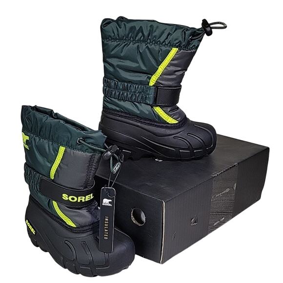 Sorel Flurry Winter Snow Boots Green Black Waterproof Kids Toddler Size 9 NIB - Picture 1 of 14